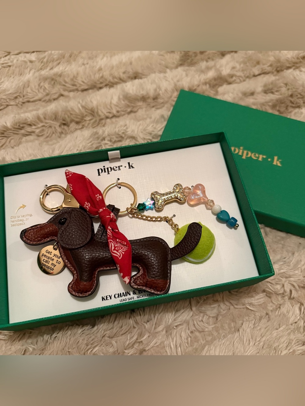 Brown Leather Dachshund Key/Bag Charm with Gold Tag